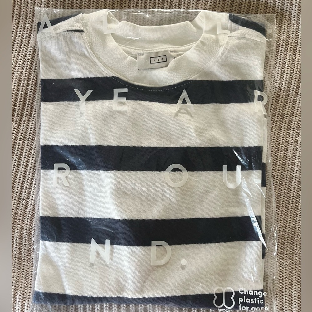 NEW - AYR The Half Day Shirt, Coucou, Navy/White Stripe, Size Small